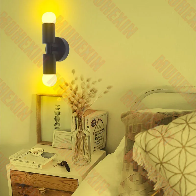 Double-headed Wall Lights E27 Lamp Base Bedroom Light Metal Case 7W LED Bulbs AC85-265V 3Color Lighting Changeable Home Deco