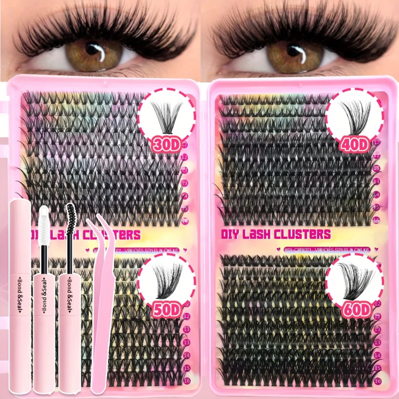 Kit de extensão de cílios postiços diy, cílios naturais fofos e grossos com cola e pinças (30d40d50d60d80d100d, 9-16mm mistos)