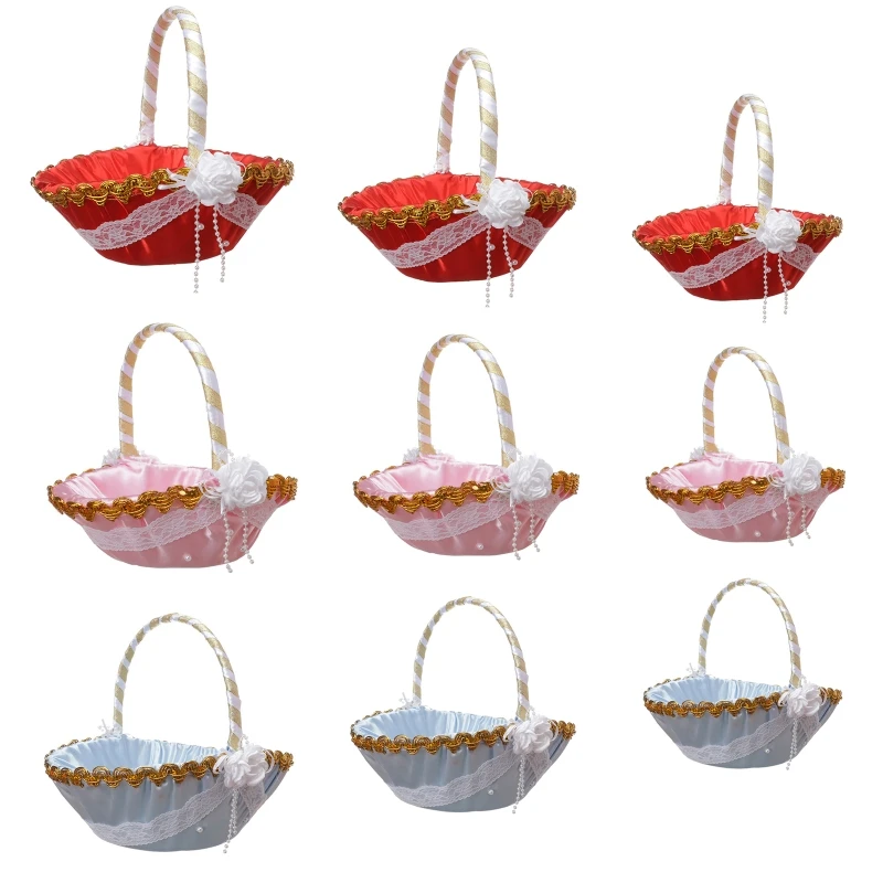 Flower Girl Basket with Handle Small Large Satin Cloth Baskets with Lace Artificial Flower Decor for Wedding Ceremony Dropship