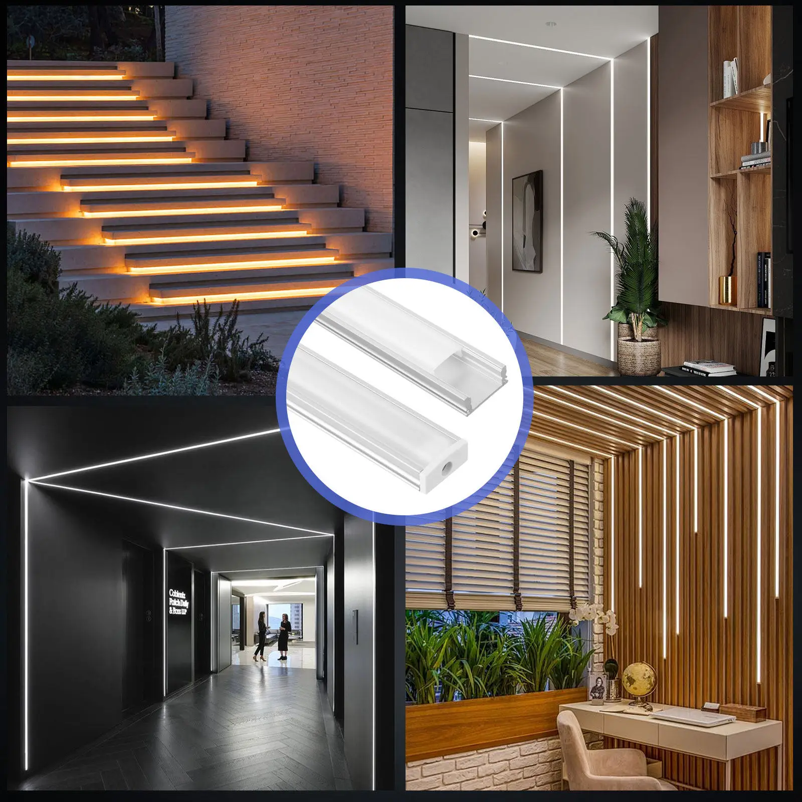 

4 комплекта алюминиевых LED-профилей U-образной формы, серебристые, с молочно-белым рассеивателем, защитные крышки для встраиваемых и накладных светильников