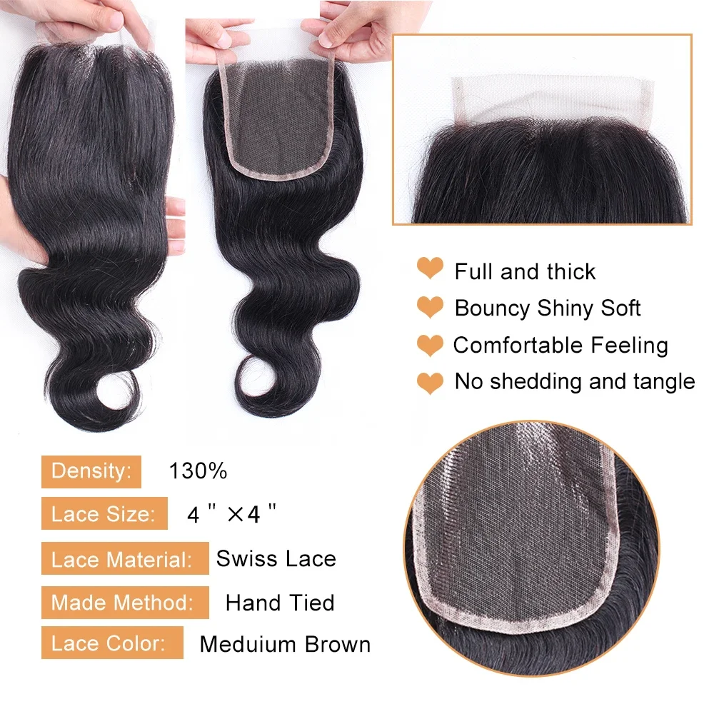 4x4 Lace Closure Body Wave Natural Color Dark Brown Highlight Honey Blonde Burgundy Indian Remy Human Hair Bobbi Collection image 5