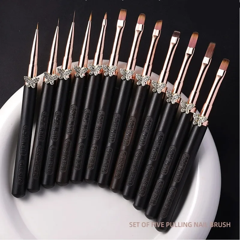 1/12 Uds hebilla de mariposa mango redondo de madera pincel para decoración de uñas línea de pintura delineador de pluma gradiente plano redondo herramientas de manicura francesa