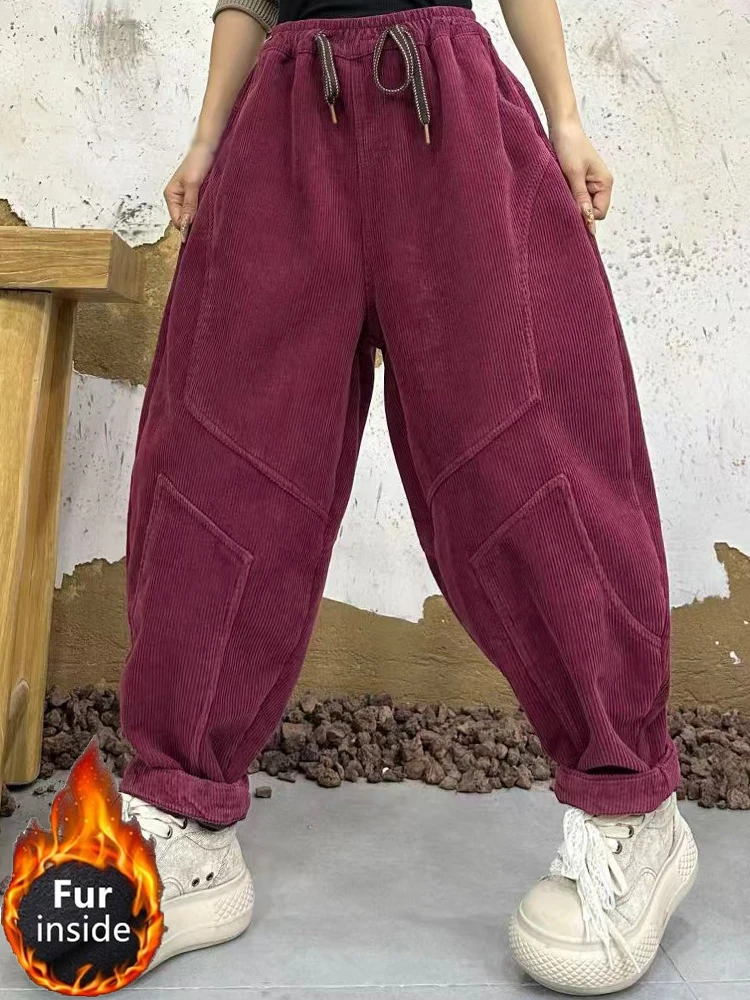 Amax LuluE diseño invierno señoras moda espesar pantalones de piel de pana señoras sueltas Vintage cálido Casual cintura elástica Harem pantalones