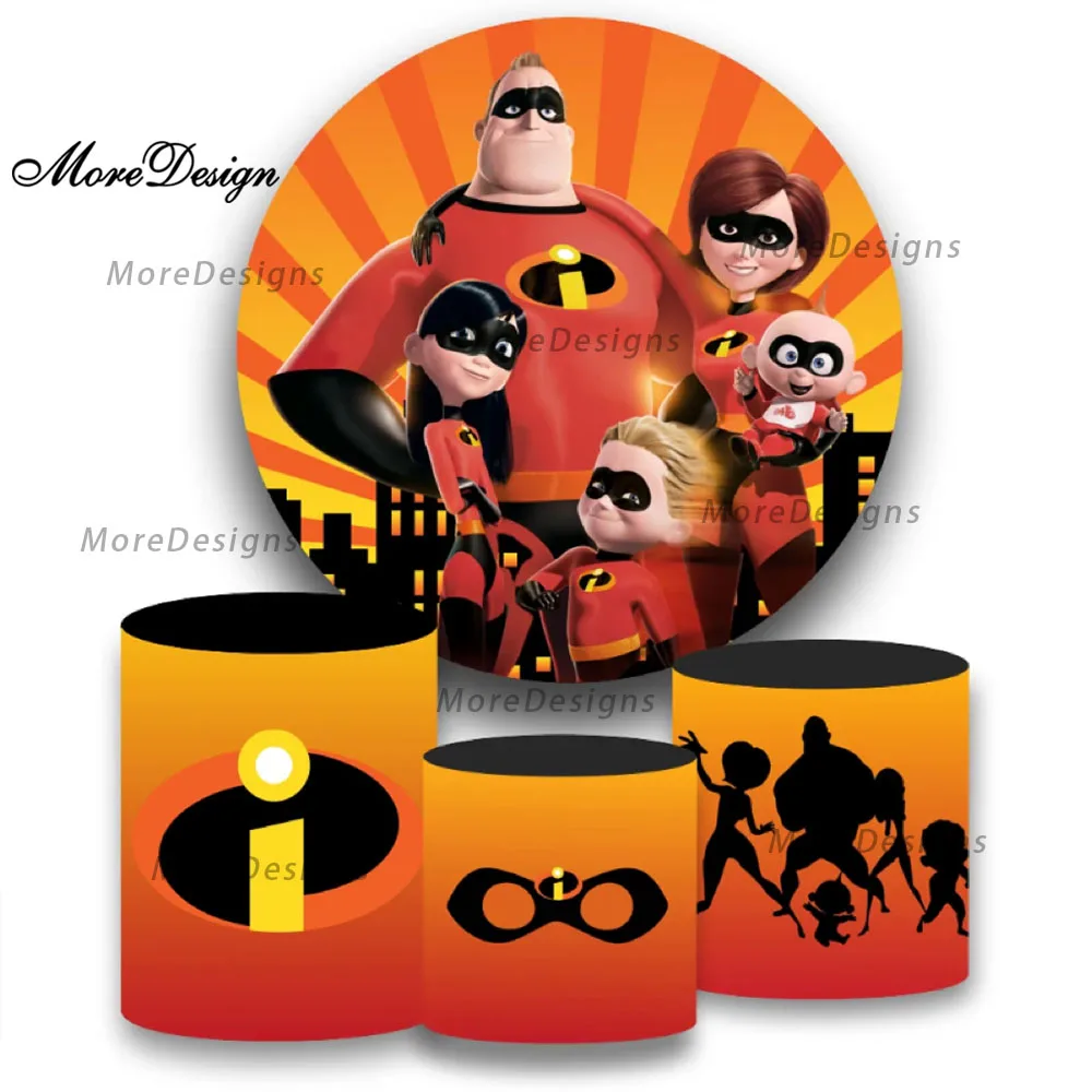 Disney Incredibles Round Photo Backdrop Baby Shower Cylinder Covers Kids Birthday Party Photography Background Supplies Props