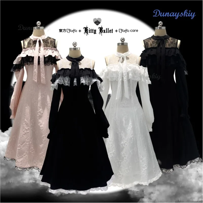 Original Japanese Lolita Dress Outfit Long Dress Pink Lace Jirai Kei Women aily Adults Sexy Dating Clothing Black White