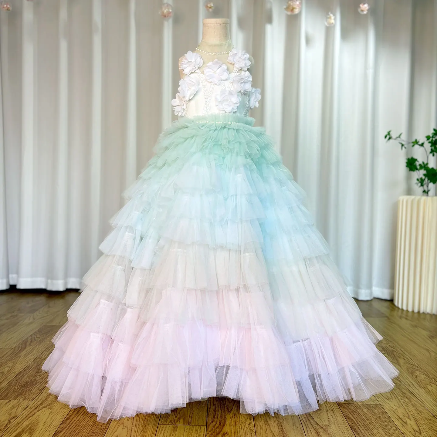 Jill Wish Luxury Sage Green Flower Girl Dresses Handmade Flower Tiered Princess Kids Ball Gown for Wedding Birthday Party J074