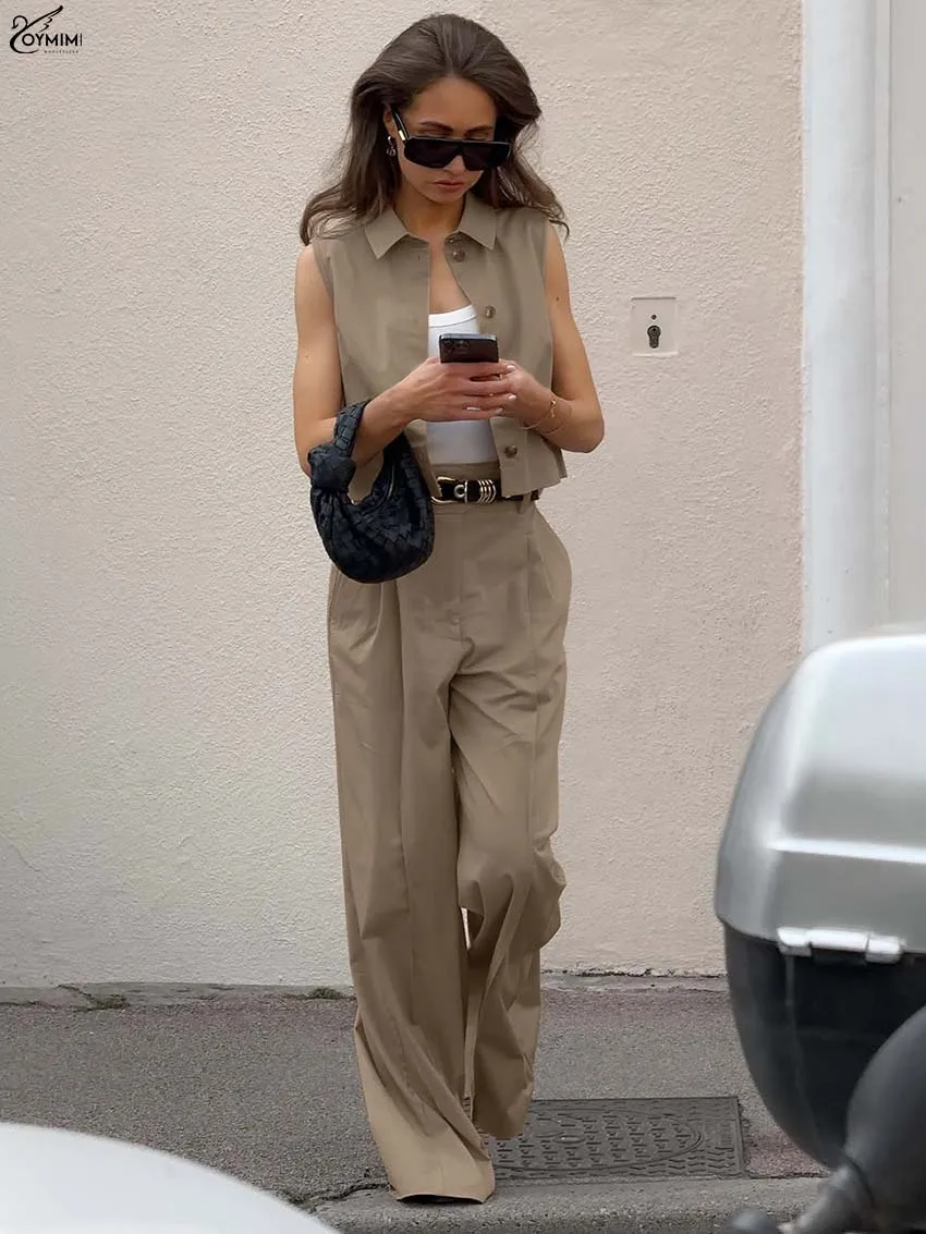 Oymimi أزياء المرأة القطن البني 2 قطعة مجموعة الزي الأنيق التلبيب أكمام واحدة الصدر القمصان ومجموعات السراويل المستقيمة #2