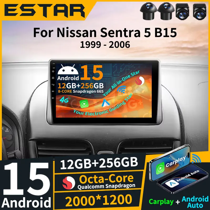 Radio inalámbrica Carplay Android 15 para coche Nissan Sentra 5 B15 1999 - 2006 RDS 360 cámara 4G LTE DTS BT Multimedia GPS Audio DSP