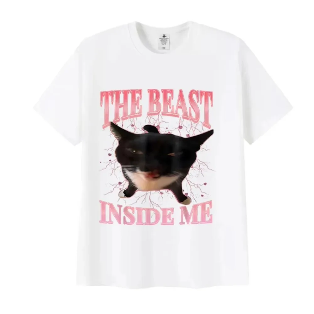 الوحش داخلي مضحك القط ميمي تي شيرت للرجل امرأة الصيف Harajuku تي شيرت تقليدي للجنسين عادية المتضخم تي شيرتات قطن