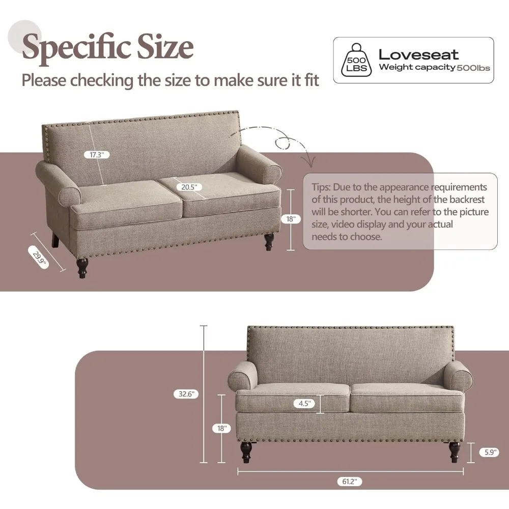 2 Piece Living Room Furniture Sets with Loveseat Sofa and Accent Chair, Upholsteded Loveseat Couch with Rivet