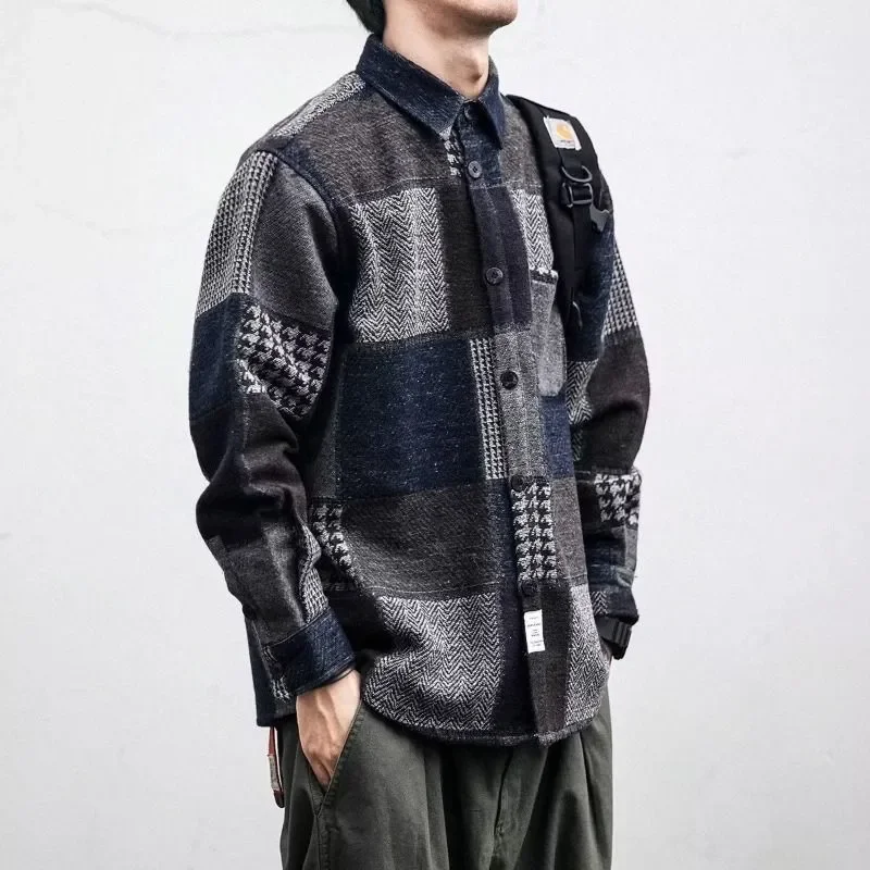 Spring Autumn New Retro Plaid Shirt Men's Japanese Style Brushed Jacket Trendy Long Sleeve Casual Versatile Woolen Shirt