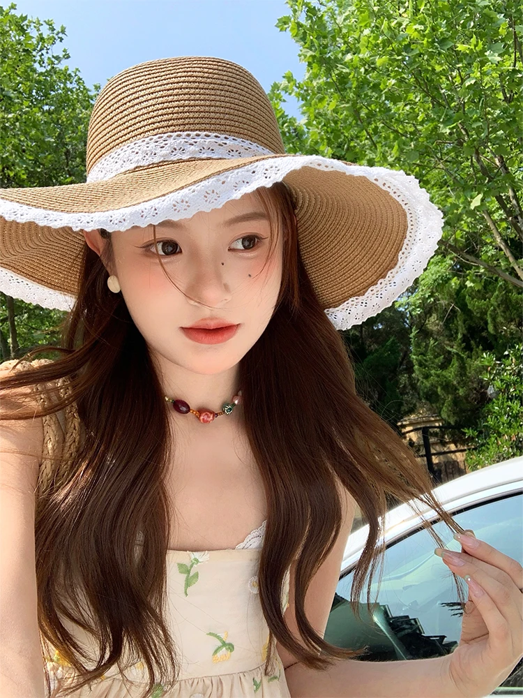 Summer Beach Women's Straw Hat Lace Edged  Knot Woven Large Brim Face Slimming Sun Protection Hat Rural Style round Top