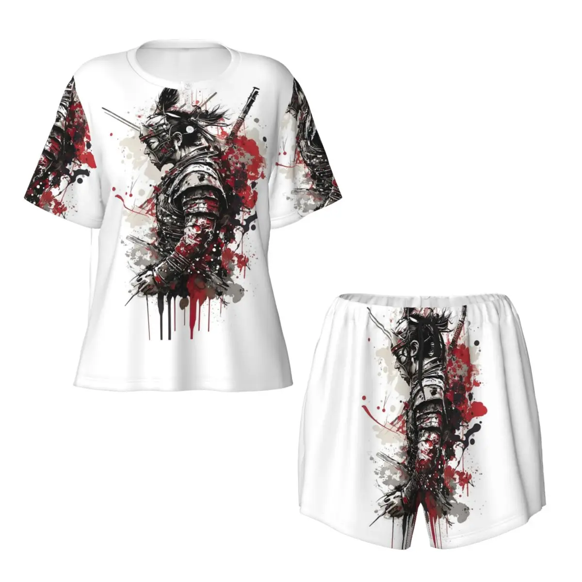 

Japanese Samurai Warrior Round Neck Short Sleeves Nightdress for Sleeping Sleepshirts Women Soft Pajama Set Short Pants
