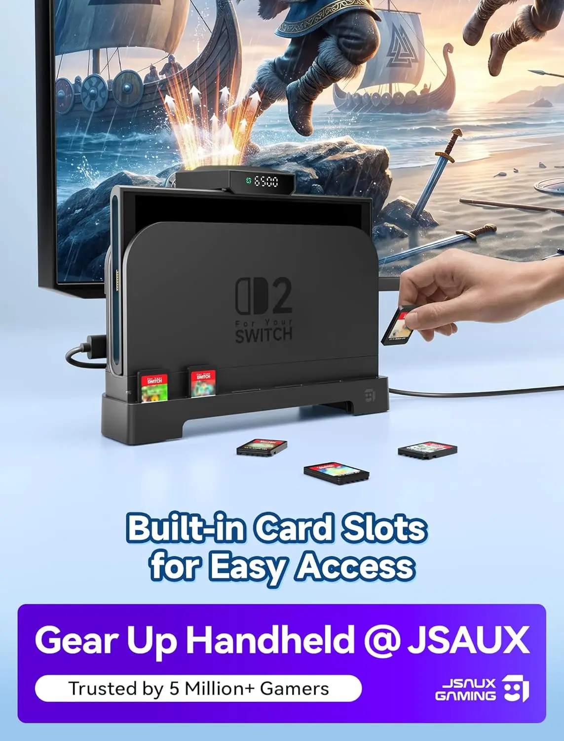 Switch 2 Dock Cooling Fan, Dock Mode Cooling with 6 Game Card Slots, Stepless Fan Speed Ventilated Stand for Nintendo Switch 2
