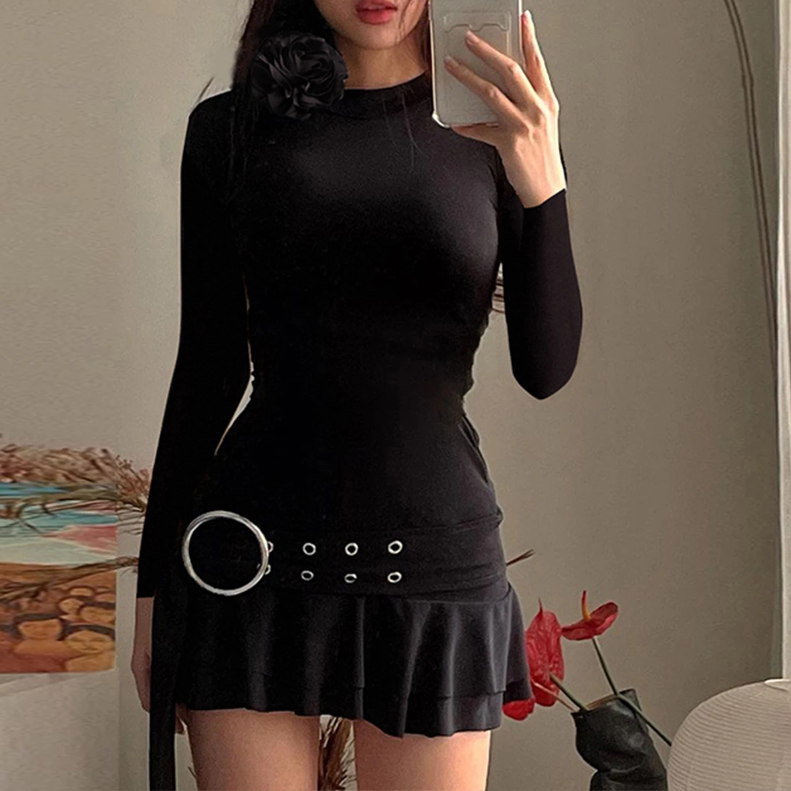 

Women Bodycon Short Party Dress Long Sleeve Crewneck 3D Flower Decorated Pleated Dress with Belt Y2k Mini Dress Streetwear