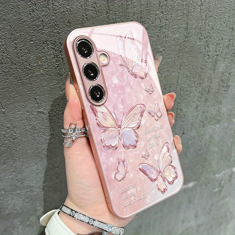 Light Luxury Fashion Shiny Butterfly Pattern Glass Phone Case for Galaxy S25/S25 Ultra/S25 Plus/S25 Edge/S24/S24 FE/S24