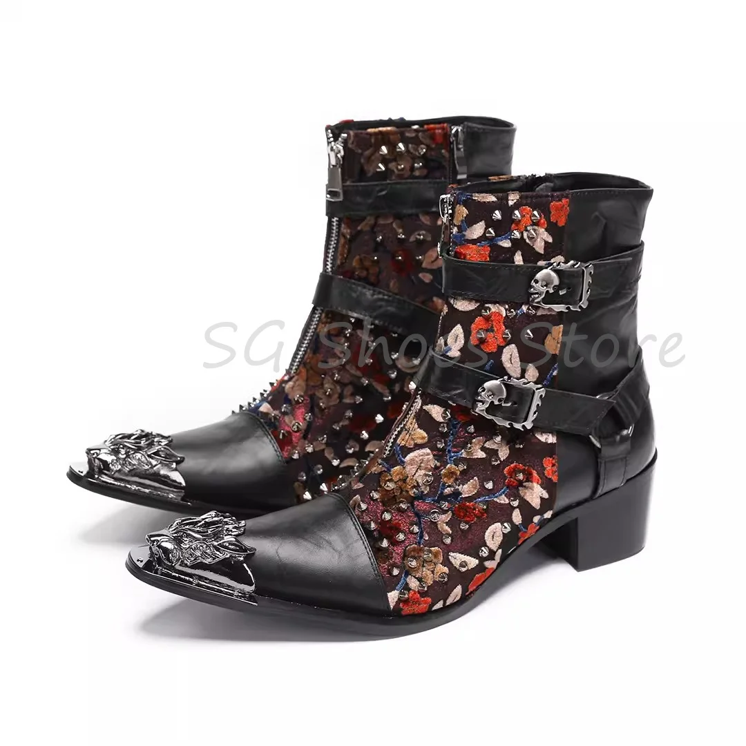 

Punk Metal Skull Belt Buckle Mid-Calf Boots for Men Mixed Color Embroidery Splicing Western Cowboys Boots Male Leather Shoes