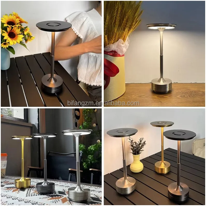 IP54 Rechargeable Cordless Light Emitting Diode Night Table Lamp Adjustable Height Strip Touch Sensor Metal Table Lamp