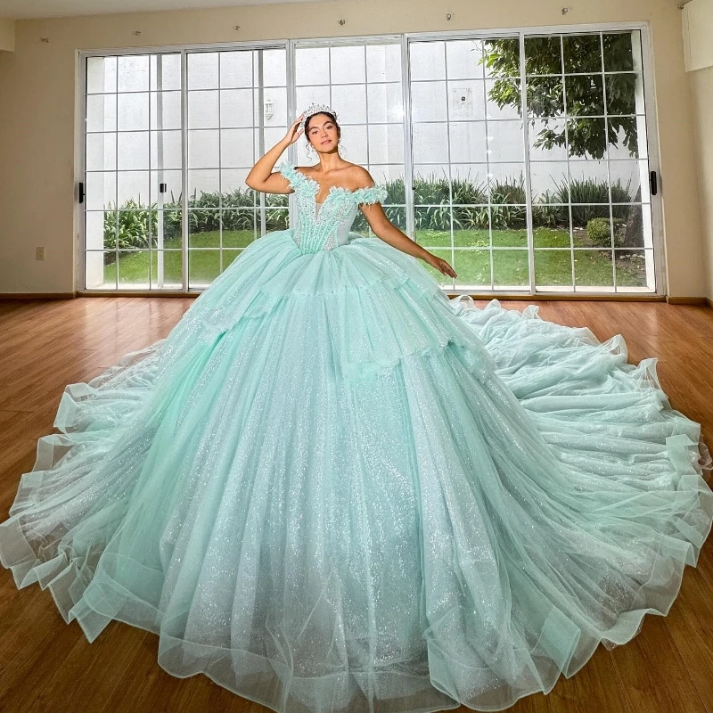 Light Green Princess Quinceanera Dresses Ball Gown Off The Shoulder Lace Applique Beads Tull Corset Sweet 16 Dress Vestido 15 De