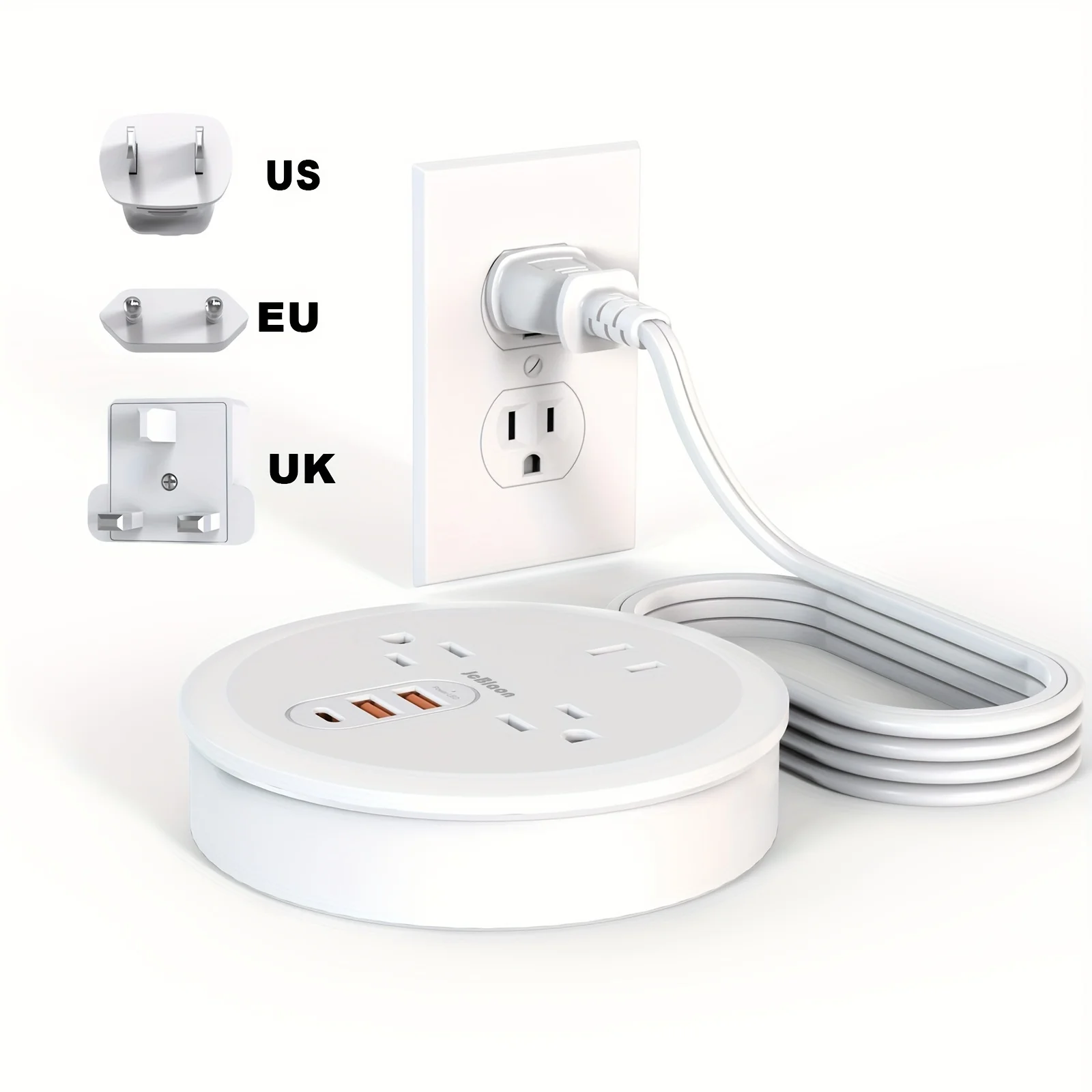 

US EU UK Plug Power Strip, Multiprise Electrical Socket with 3 AC Outlets 3 USB Ports 1 Type C, Can hide 4ft Extension Cable