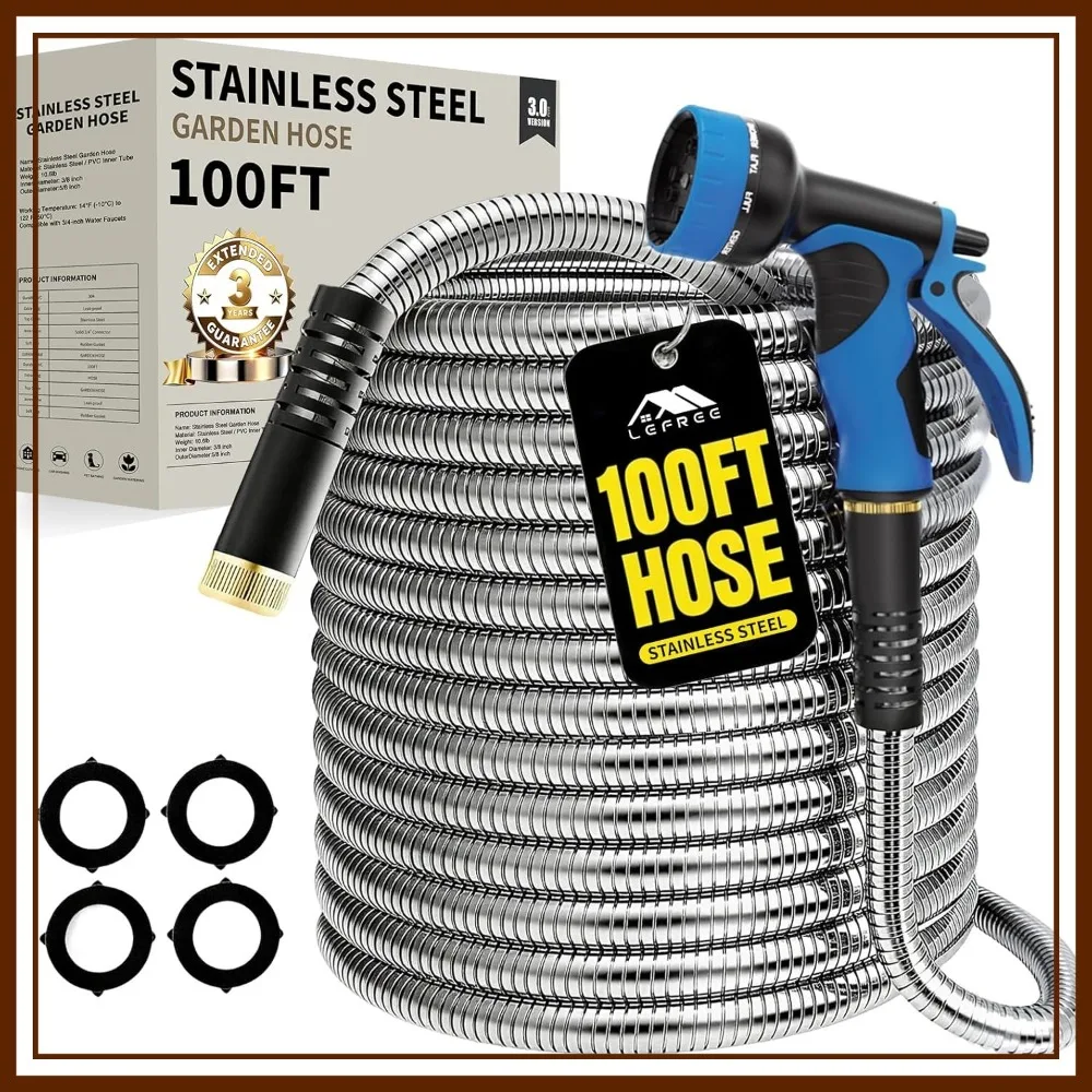 

100ft Metal Garden Hose - Heavy Duty 304 Stainless Steel, Flexible & Leak-Proof with Upgraded Handle, 10-Function Nozzle & 4 Gaskets for Yard, RV, Pet Bath