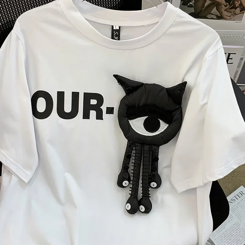 Three-dimensional decorative short-sleeved T-shirt women's summer plus size loose and slim fashion Joker meat cover top - Image 5