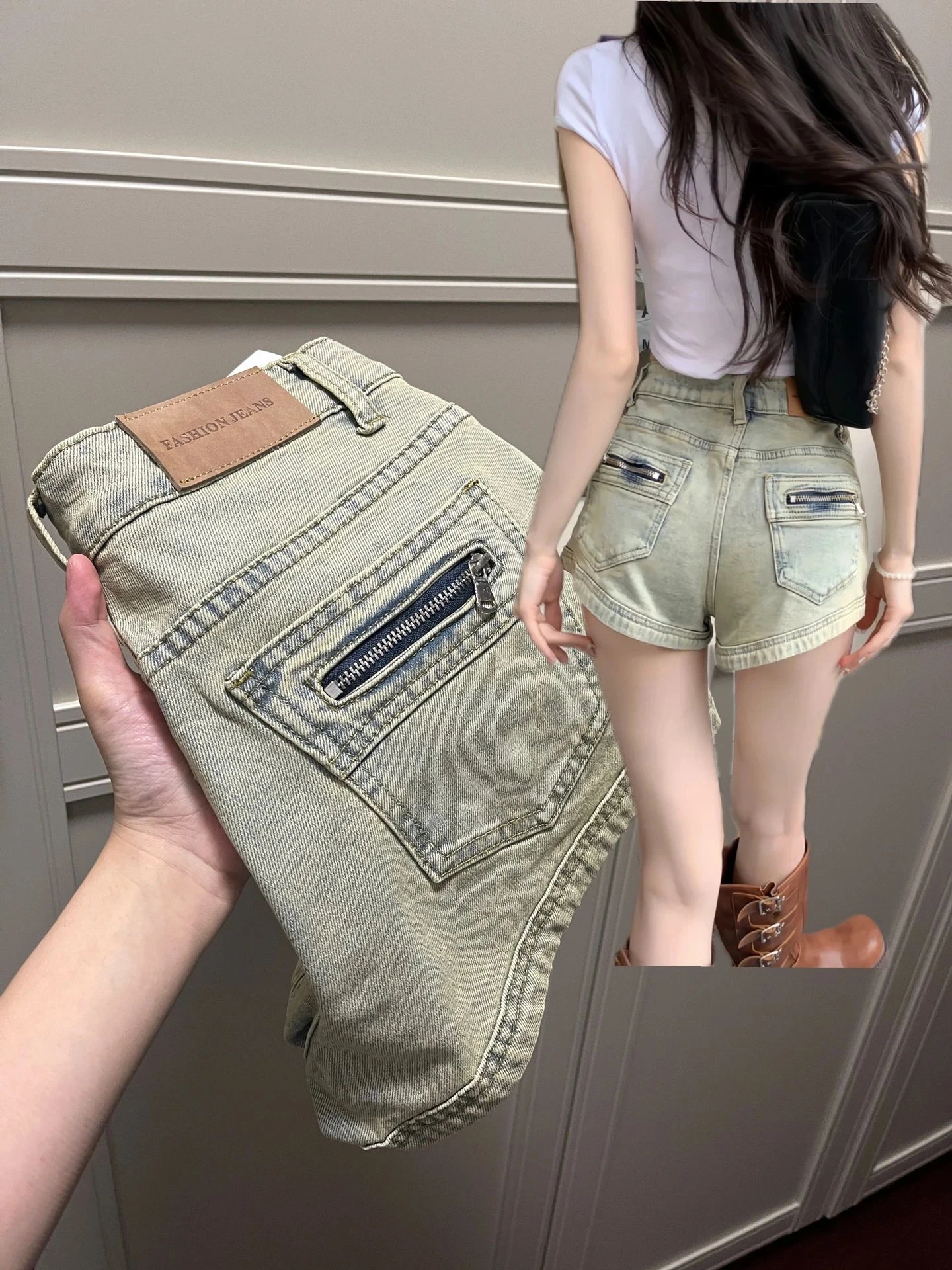 

Spicy girl retro tight denim shorts, women's summer hot pants, small stature, high waist, sexy A-line straight leg wide leg pant