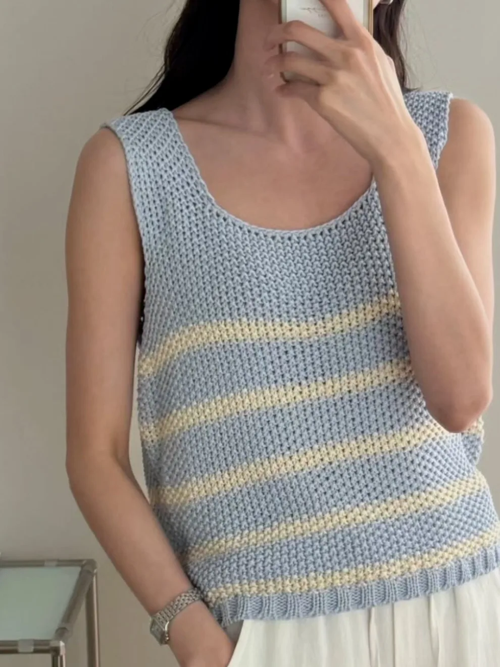 

Loose Women's Knitted Vest Striped Patchwork Color Blo Korean Sle Casual Top Summer New Vintage Loose Fit Summer Top