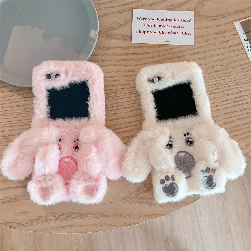 Funda de teléfono de felpa esponjosa para Samsung Galaxy Z Flip 5, funda para Galaxy Z Flip4, funda para Z Flip3, dibujos animados, perro, lindo, coreano, bricolaje