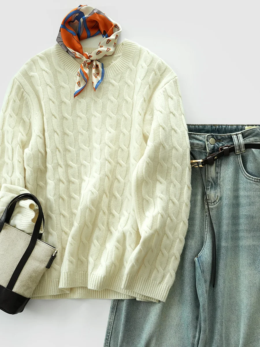 

Thiened 500g Pure Wool Double Knit 8-Ply Women's Vintage Twist Sweater Autumn Winter Sle Straight Cut Long Sve Warmth...