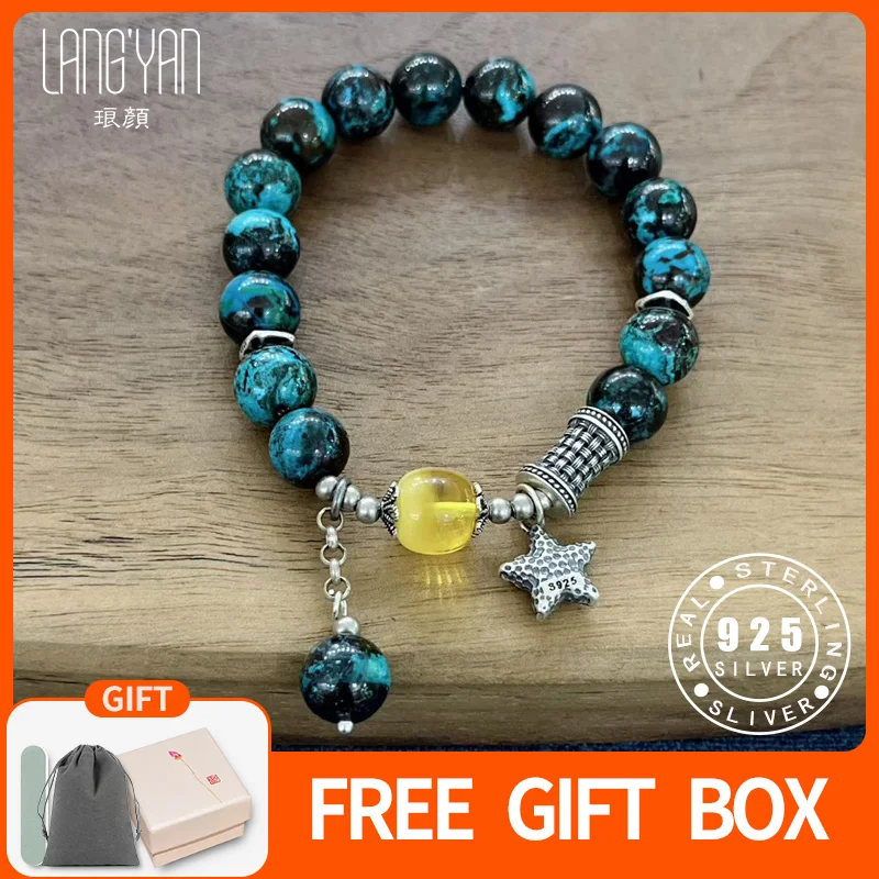 

Langyan Original Design Natural Chrysocolla Beaded Bracelet with 925 Sterling Silver Star Chinese Style Good Luck Jewelry Gift
