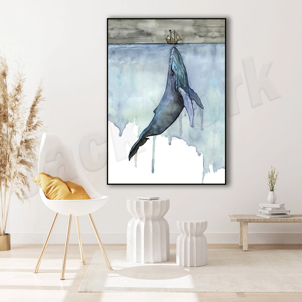 Marine Animals Nordic Modern Simple Style Whale Sailboat Poster Canvas Wall Home Decoration Combined Poster