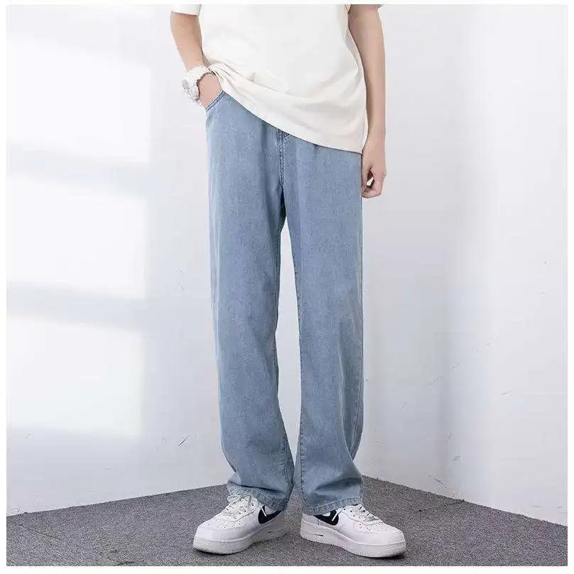 

Men's Summer Thin Ice Silk Drape Loose Long Straight Leg Jeans Versatile Casual Wide Leg Pants Korean Trendy Loose Fit Jeans