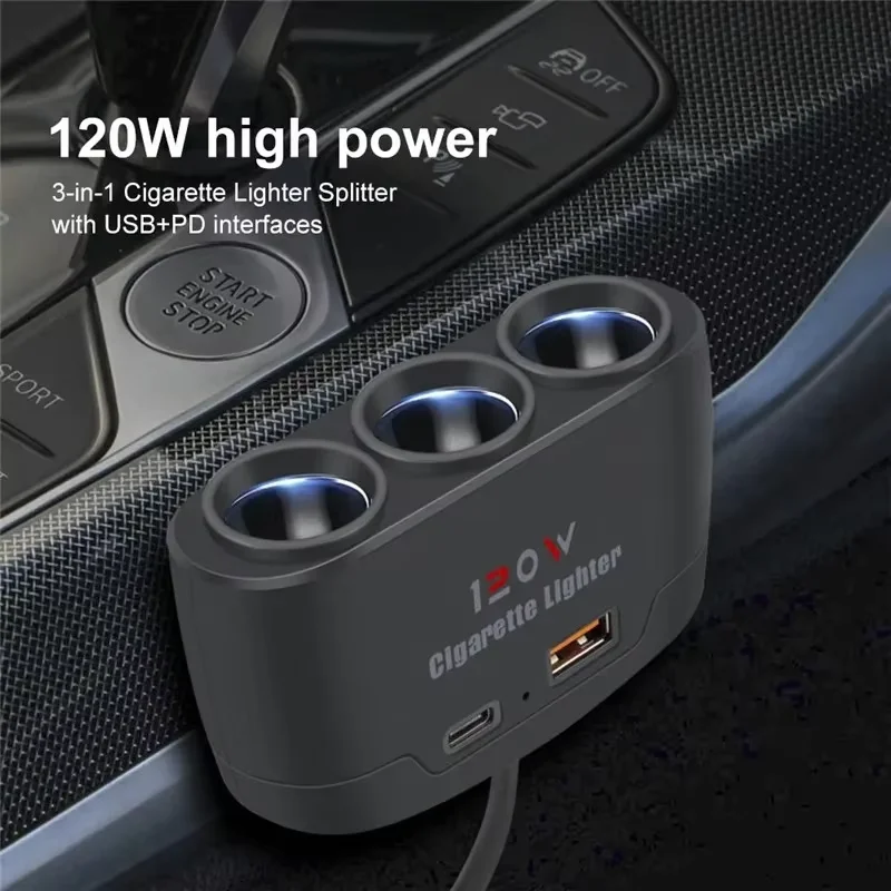 120W USB PD Socket 3 in 1 Car Cigarette Lighter Splitter 12V 24V Fast Charger Plug Phone Power Adapter for iPhone GPS Dashcam