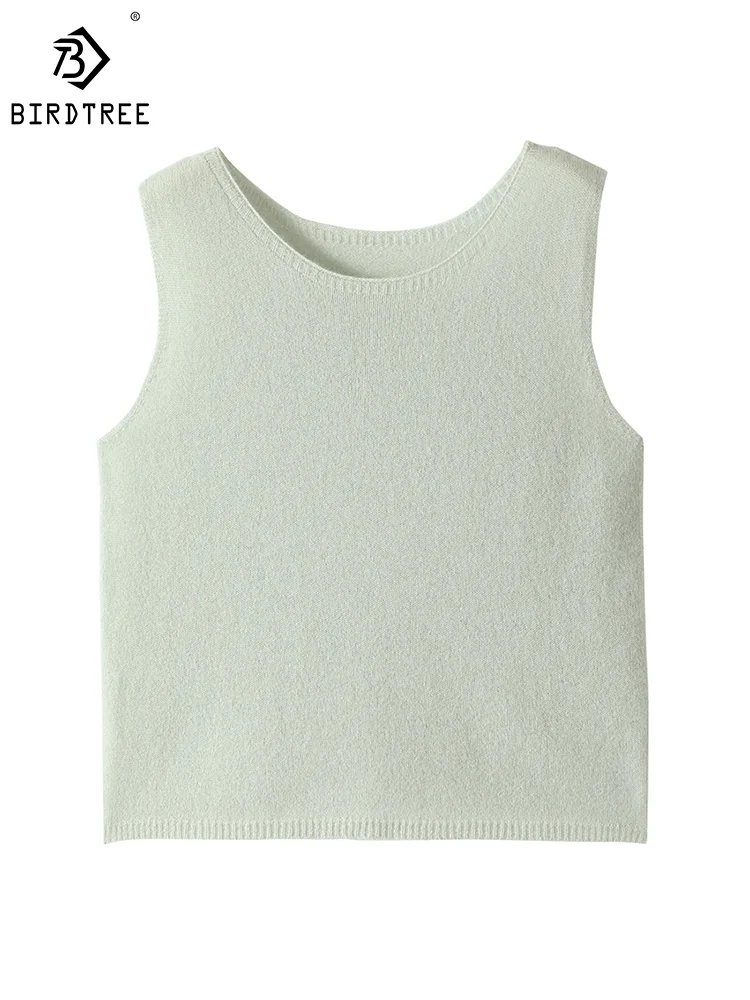 Birdtree Goat Cashmere Warm Basic Camisoles Women's O Neck Sleeveless Solid Tops Elegant Simple Casual Sweater Vests T3N419QM