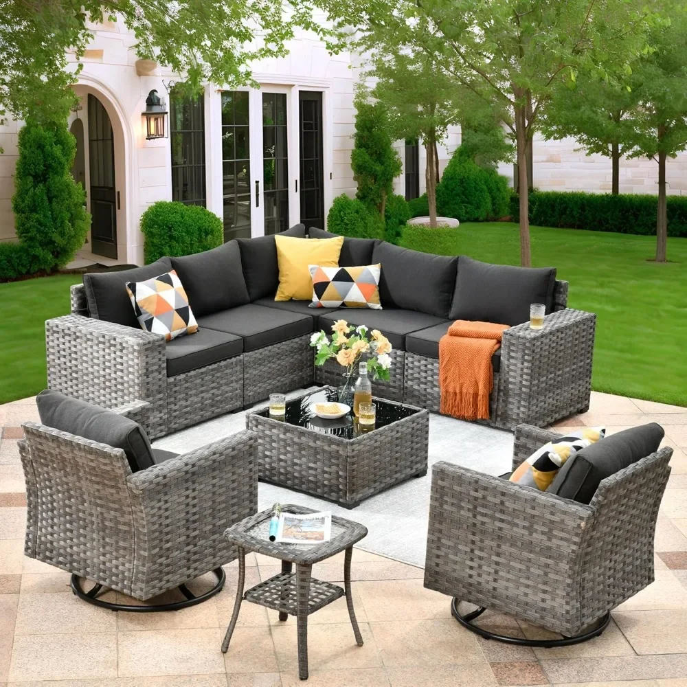 

Patio Furniture Set 9 Pieces, Sofa with Swivel Rocking Chairs, Wide Arms and Deep Seat,Wicker Rattan Outdoor Sectional Sofa