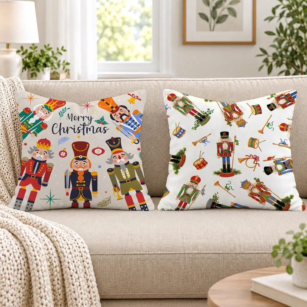 Nutcracker Soldier Christmas Cushion Cover Short Plush Double-Sided Printing Sofa Bedroom Pillow Case Aesthetic Home Decor