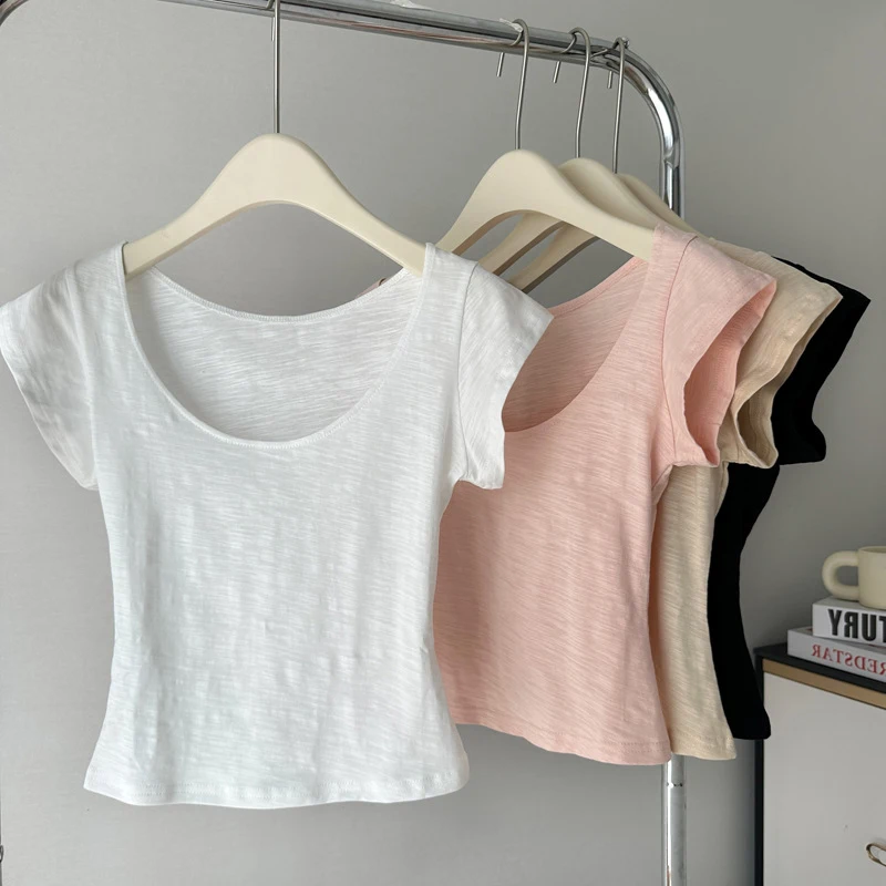Mulheres sólidas com decote em u manga curta camisetas 2025 verão coreano moda magro recortado topos novo simples all-match inferior t