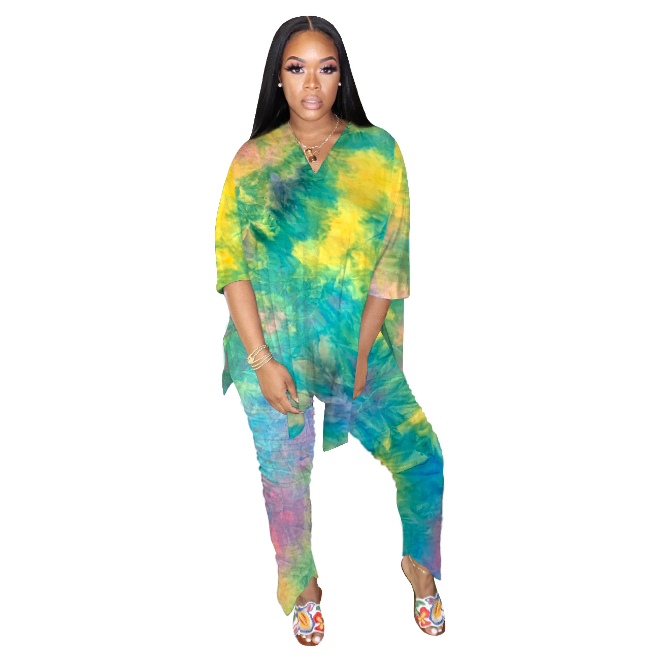 

FEOGOR Women Fashion Tie Dye Two Piece Set Split Side V-neck Tops Jogger Sweatpants Suit Tracksuit Matching Sets Fitness Outfits