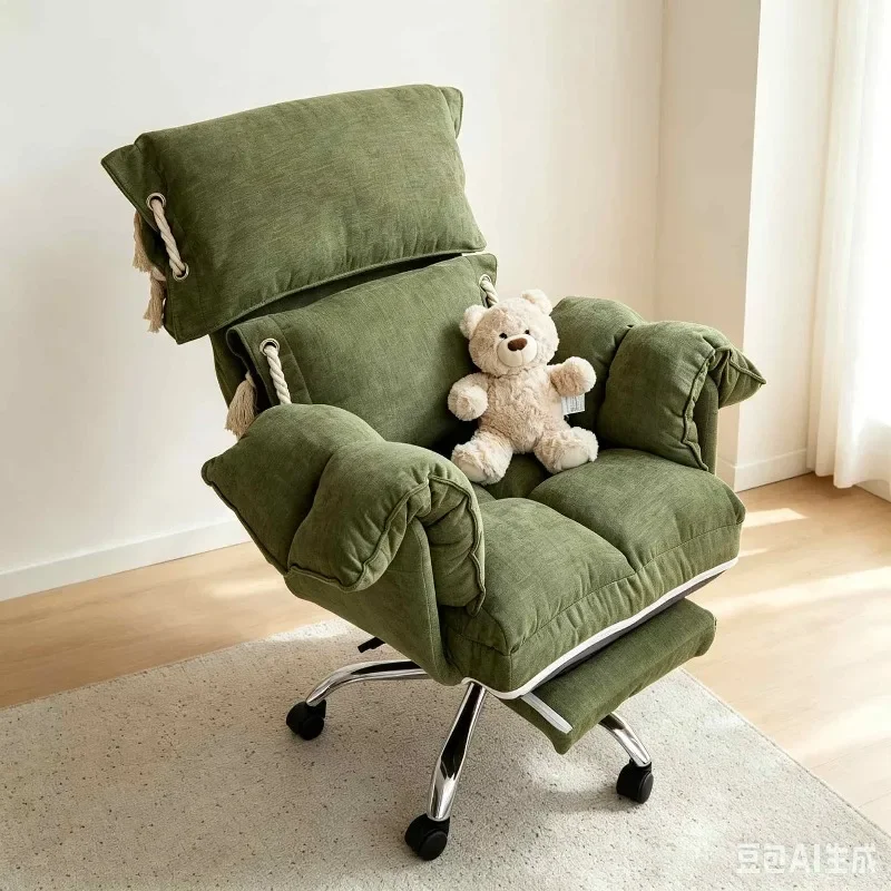 Multi-Angle Fabric Rolling Desk Chair Pull Out Footrest Padded High Back Tassel Decor Swivel Ergonomic Reading Single Sofa C