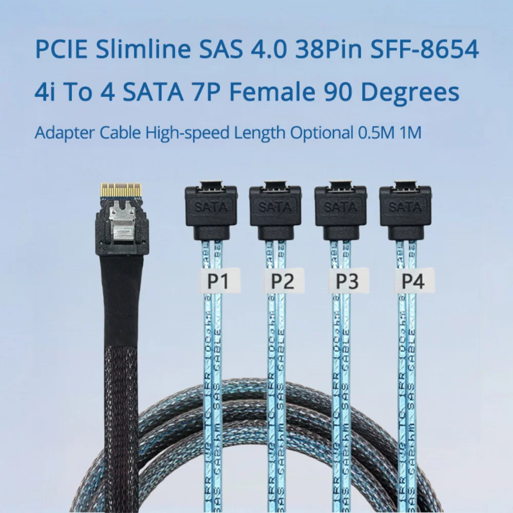 

PCIE Slimline SAS 4.0 38Pin SFF-8654 4i To 4 SATA 7P Female 90 Degrees Adapter Cable High-speed Length Optional 0.5M 1M