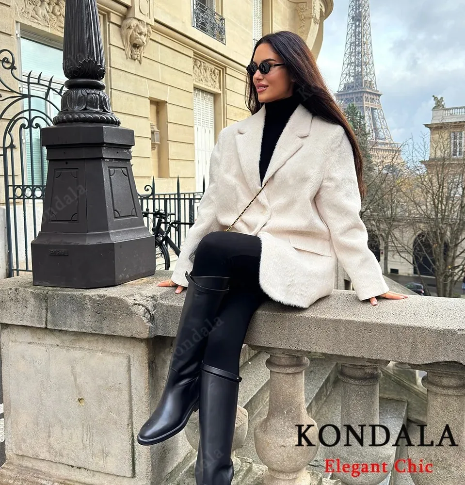 KONDALA レディース エレガント ファー風 ソフトブレザー ラペル フェイクファー ポケット付き 裏地付きブレザー 新作 2025 春秋冬 ファッション オフィスブレザー