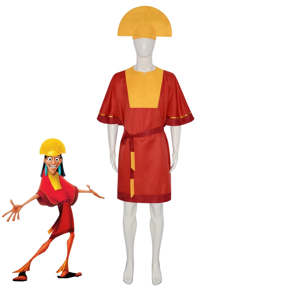 Anime Emperor Kuzco Cosplay Costume Halloween Fancy Uniform King red Jumpsuit Yellow Hat Belt Outfits with Men