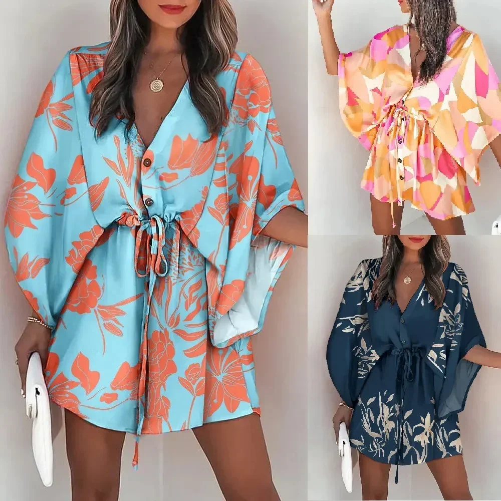 

sexy beach dress Summer Casual Bohemia Beach Vacation Miniskirt Printed Bat Sleeve Lace up V-Neck Loose Button Party Dress