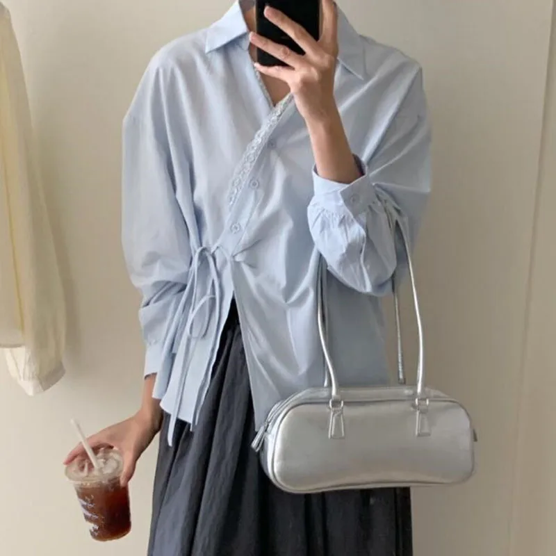 Camisa de manga larga recortada con encaje de estilo francés para mujer, traje de otoño, diseño de tirantes laterales de nicho, 1 ud.