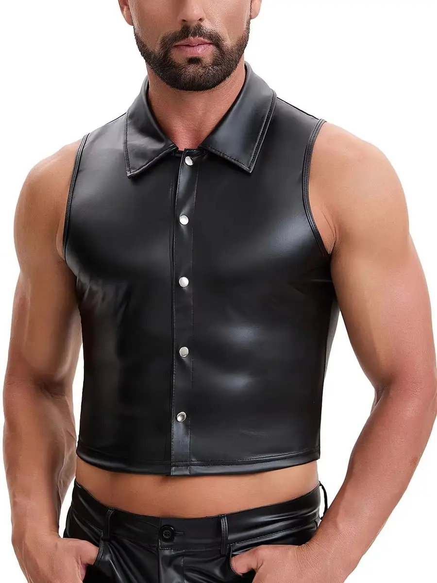 Men Wet Look PVC Single Breasted Tank Top Shiny PU Leather Waistcoat Weskit Tights Motorcycle Punk Vest Sleeveless Shirts Tops