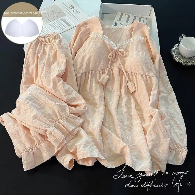 أطقم بيجامات بحافة من الدانتيل للفتيات الصغيرات بأكمام طويلة فضفاضة مع وسادة صدر ملابس كاواي حلوة للترفيه ملابس ربيع الخريف #1