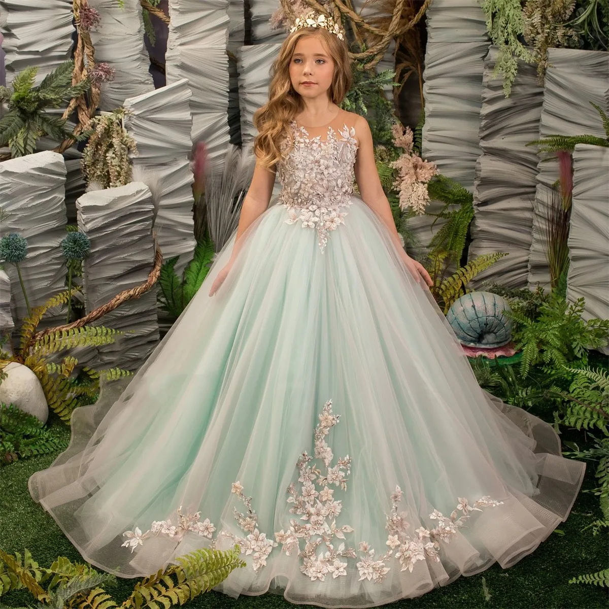 

Delicate Mint Fluffy Flower Girl Dress Floral Lace Pearls And Rhinestones Adorn The Bodice Multilayered Ruffle Train