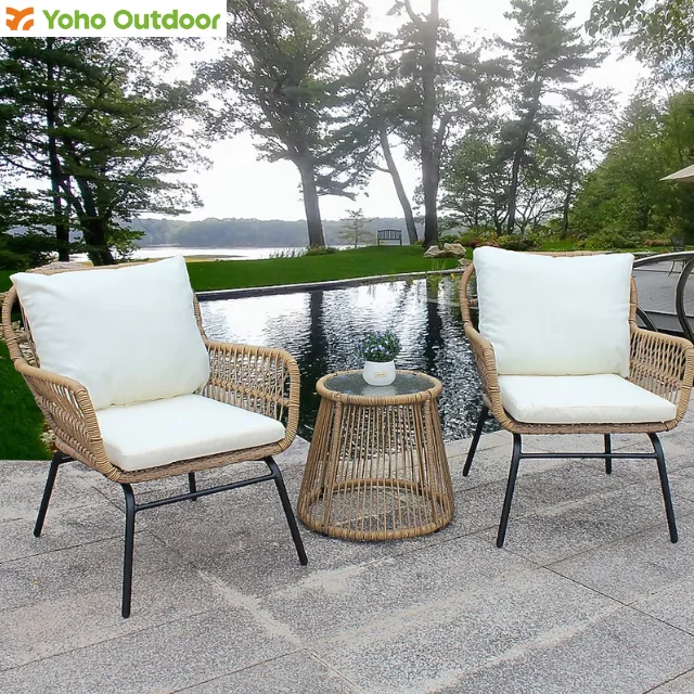 

Modern 3-Piece Iron Frame Rattan Patio Set with White Cushions for Outdoor Dining Courtyard Hotels Gyms