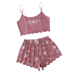 Conjunto pijama de verão feminino, shorts e camisola esportiva, estampa rosa, lua e planeta, terno casual confortável